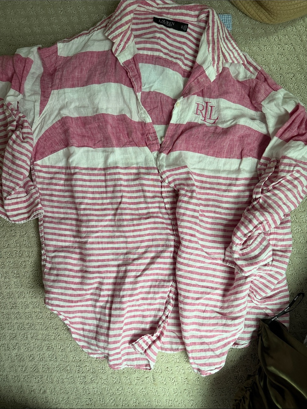 Ralph Lauren XL Pink & White Striped Kids Button-Up Shirt Linen